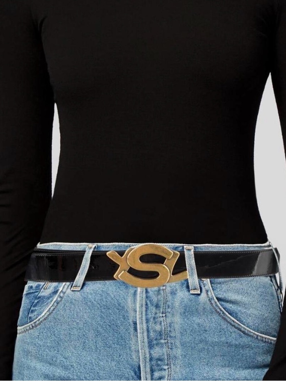 Yves Saint Laurent Black Patent Belt with Gold S Buckle Accent
